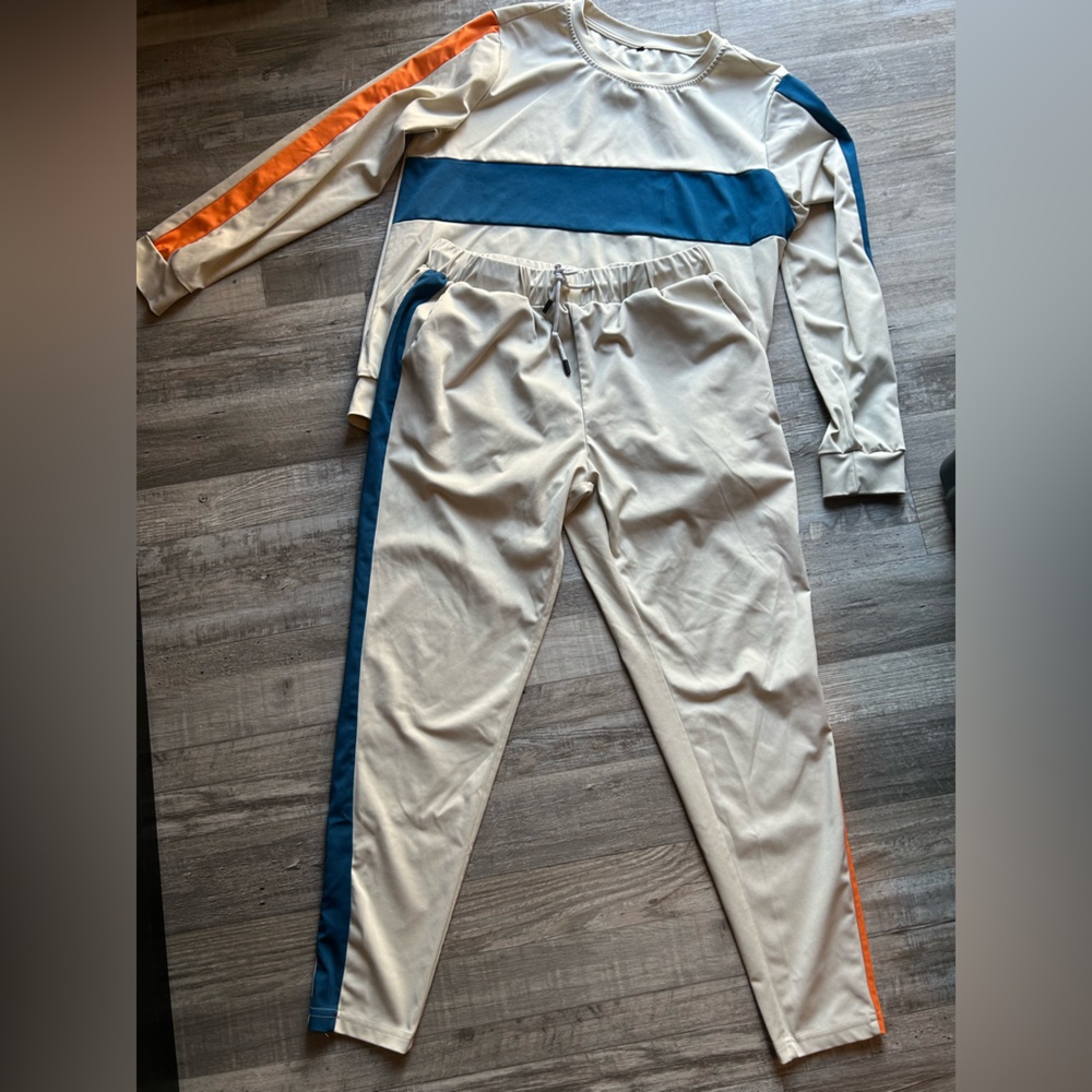 Stylish Cream and Blue Tracksuit with Orange Accents
